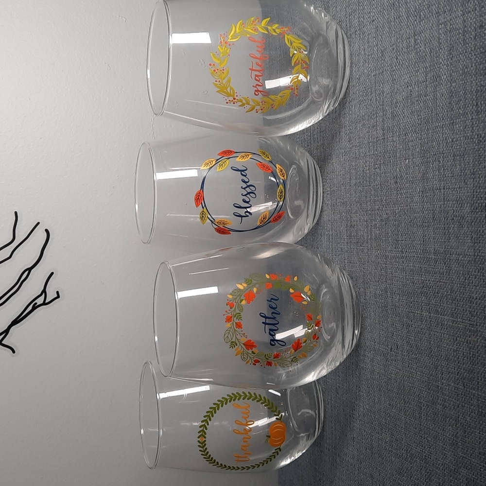 Stemless Wine Glass Set Fall Harvest Thanksgiving Blessed Grateful Thankful NIB